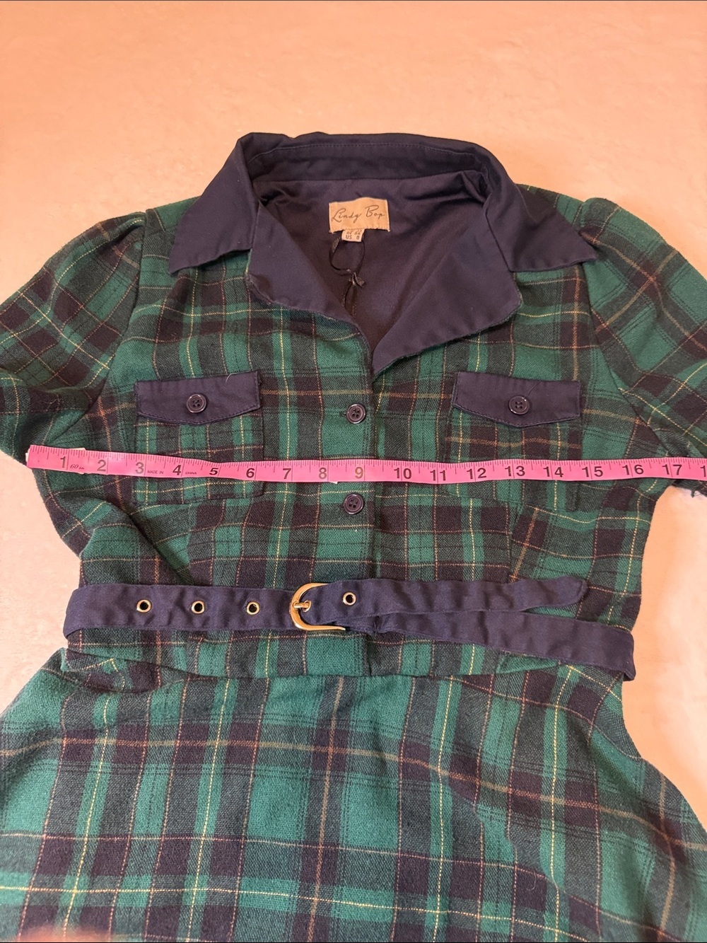 Lindy Bop Pin Up Green and Black Plaid Midi Dress Vintage Style with Belt - Picture 5 of 6